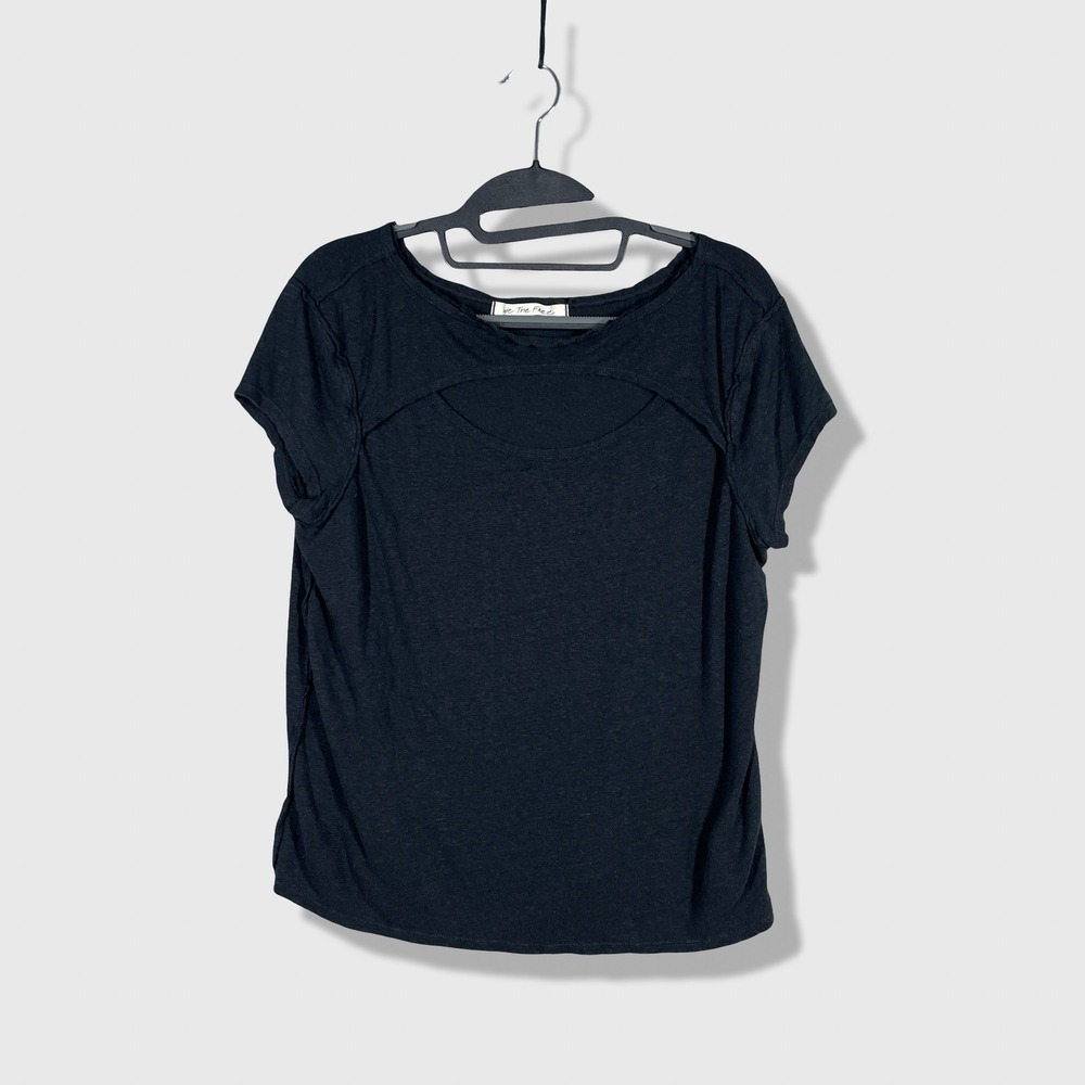 We The Free T-Shirt Womens Small Black Cutout Linen Blend Boho Grunge Casual